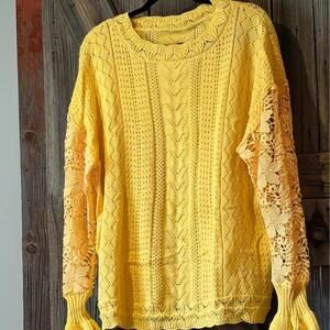 Yellow Knit Sweater with Lace Sleeves, Size XL